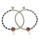 Rhodium Plated Silver Toned Flower Shaped Red Cubic Zirconia studded Pearl Anklets