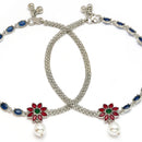 Rhodium Plated Silver Toned Flower Shaped Red Cubic Zirconia studded Pearl Anklets