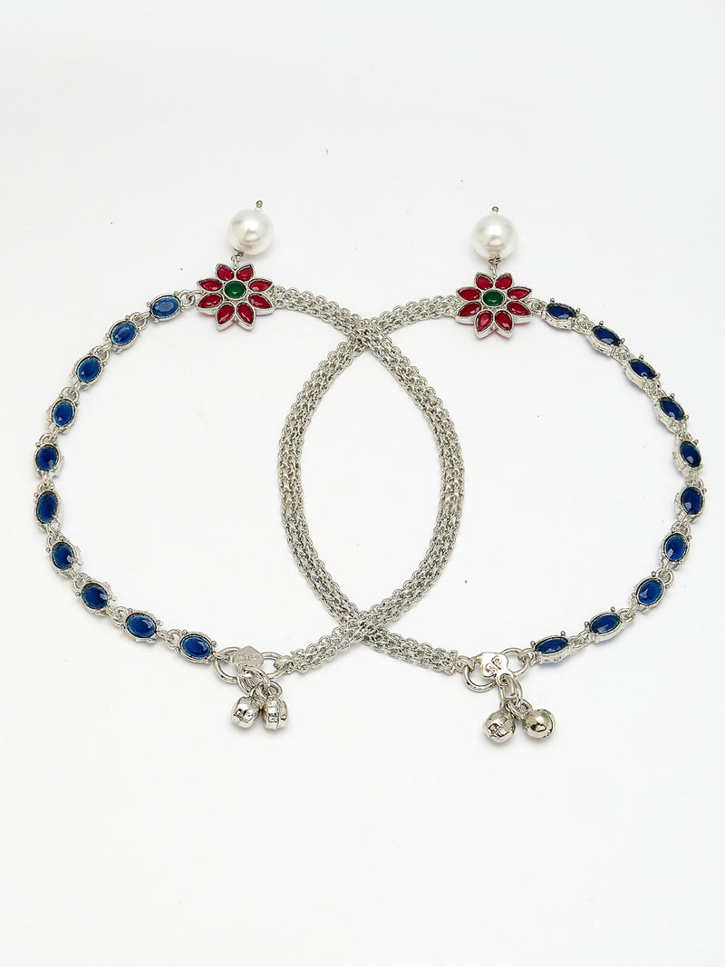 Oxidized Plated Silver Toned Anklet with Cubic Zirconia & Pearl in Sparkling Floral Design