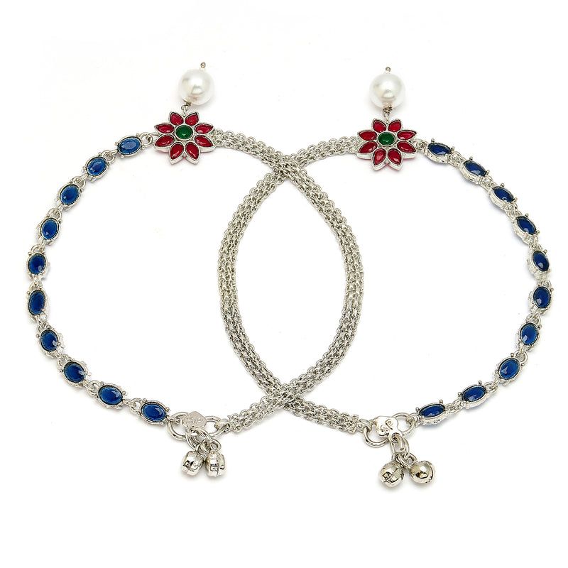 Rhodium Plated Silver Toned Flower Shaped Red Cubic Zirconia studded Pearl Anklets
