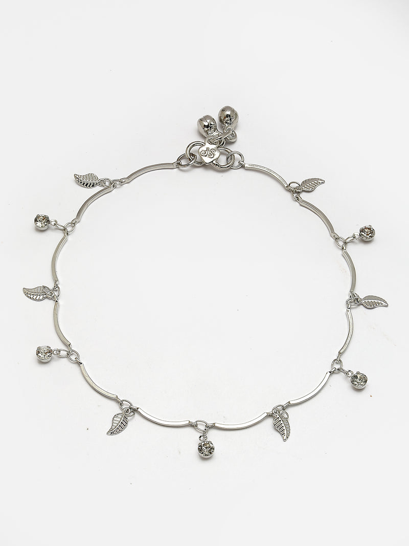 Oxidized Plated Silver Toned Anklet with White Stone & Silver Leaf Design