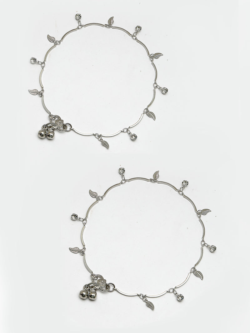 Oxidized Plated Silver Toned Anklet with White Stone & Silver Leaf Design