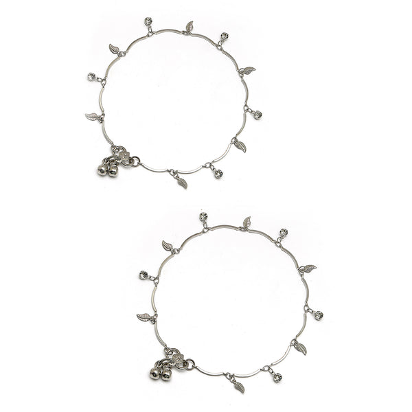 Rhodium Plated Silver Toned Leaf Red Cubic Zirconia Stone Studded Anklets