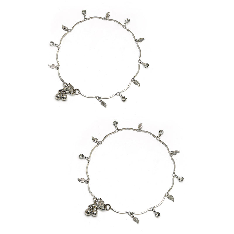 Rhodium Plated Silver Toned Leaf Red Cubic Zirconia Stone Studded Anklets