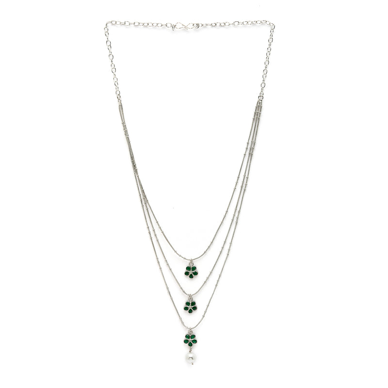 Oxidized Pearl & Green Stone Studded 3 Layered Necklace