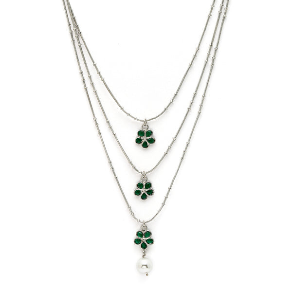 Oxidized Pearl & Green Stone Studded 3 Layered Necklace