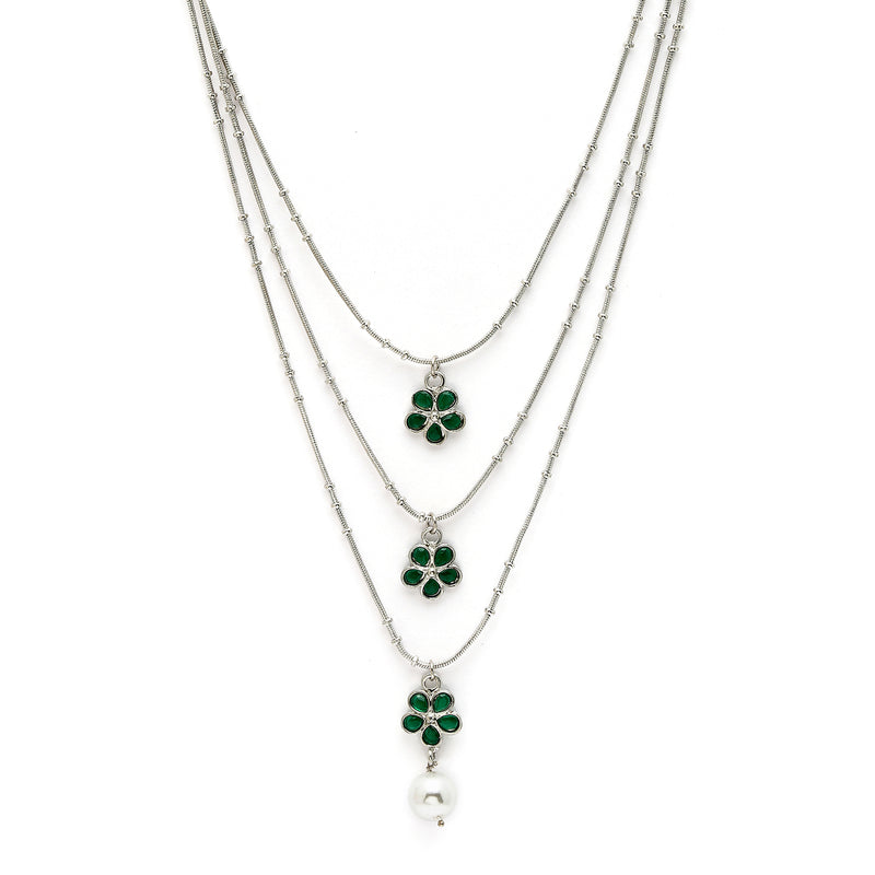 Oxidized Pearl & Green Stone Studded 3 Layered Necklace