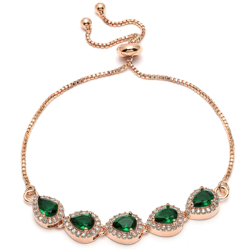 Rose Gold Plated Teardrop Shaped Emerald Green American Diamond Studded Bracelet