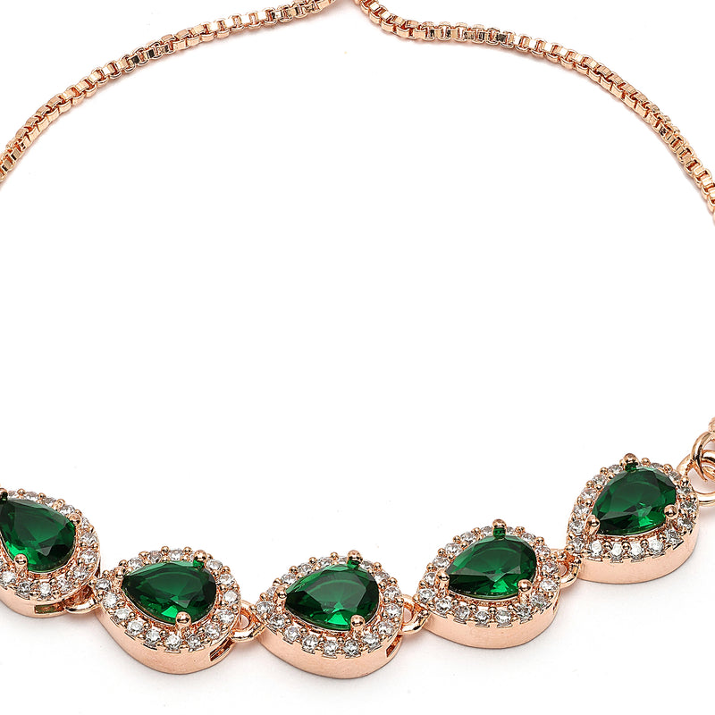 Rose Gold Plated Teardrop Shaped Emerald Green American Diamond Studded Bracelet