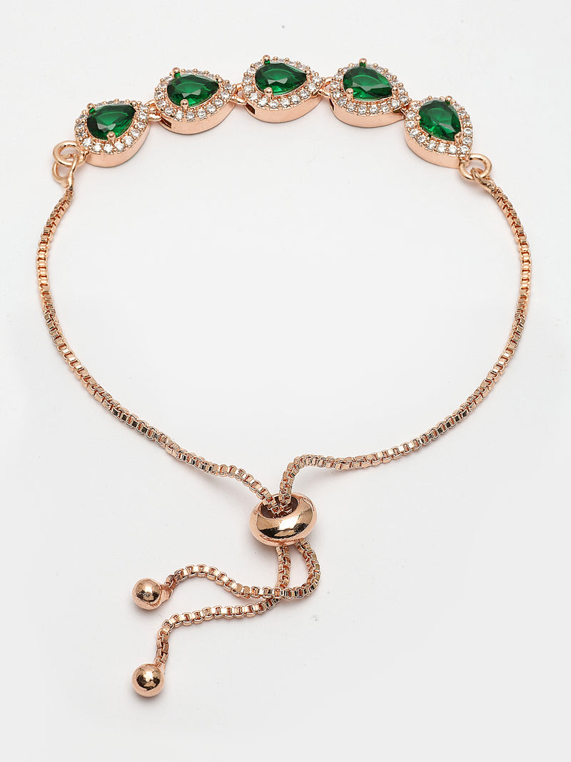 Rose Gold Plated Teardrop Shaped Emerald Green American Diamond Studded Bracelet