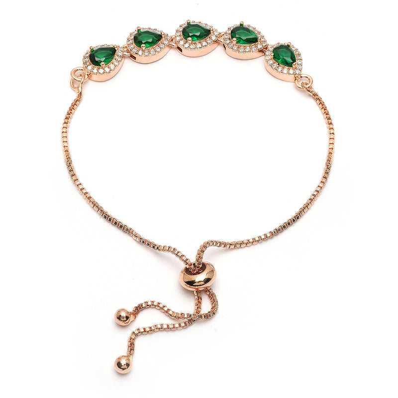 Rose Gold Plated Teardrop Shaped Emerald Green American Diamond Studded Bracelet