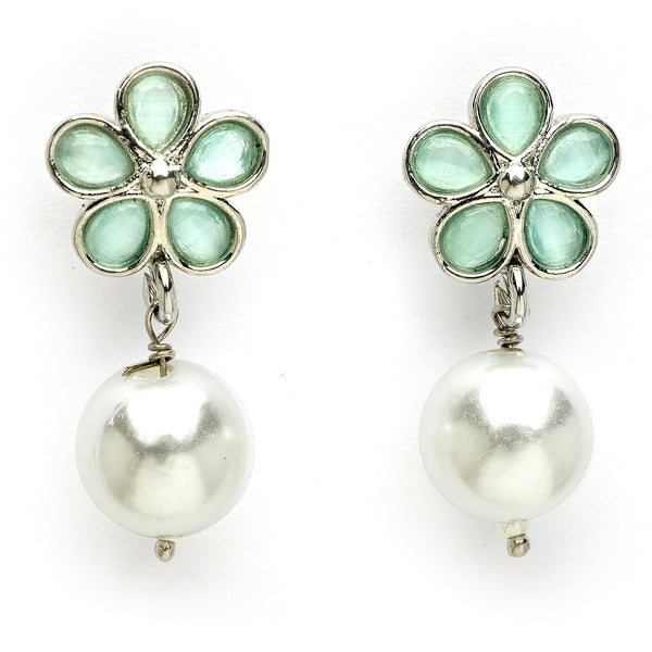 Rhodium Plated Silver Toned American Diamond With Pearl Stud Earrings