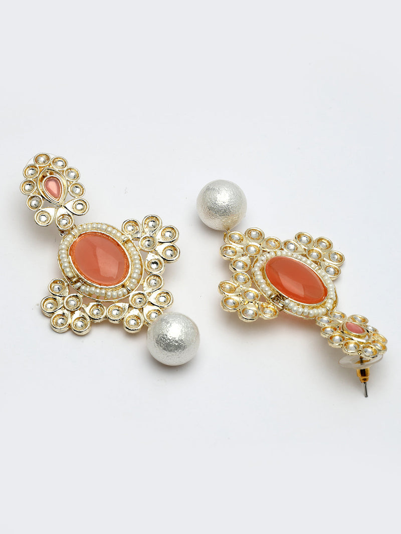 Gold Plated Oval Shaped with Peach Cubic Zirconia Small Drop Earrings