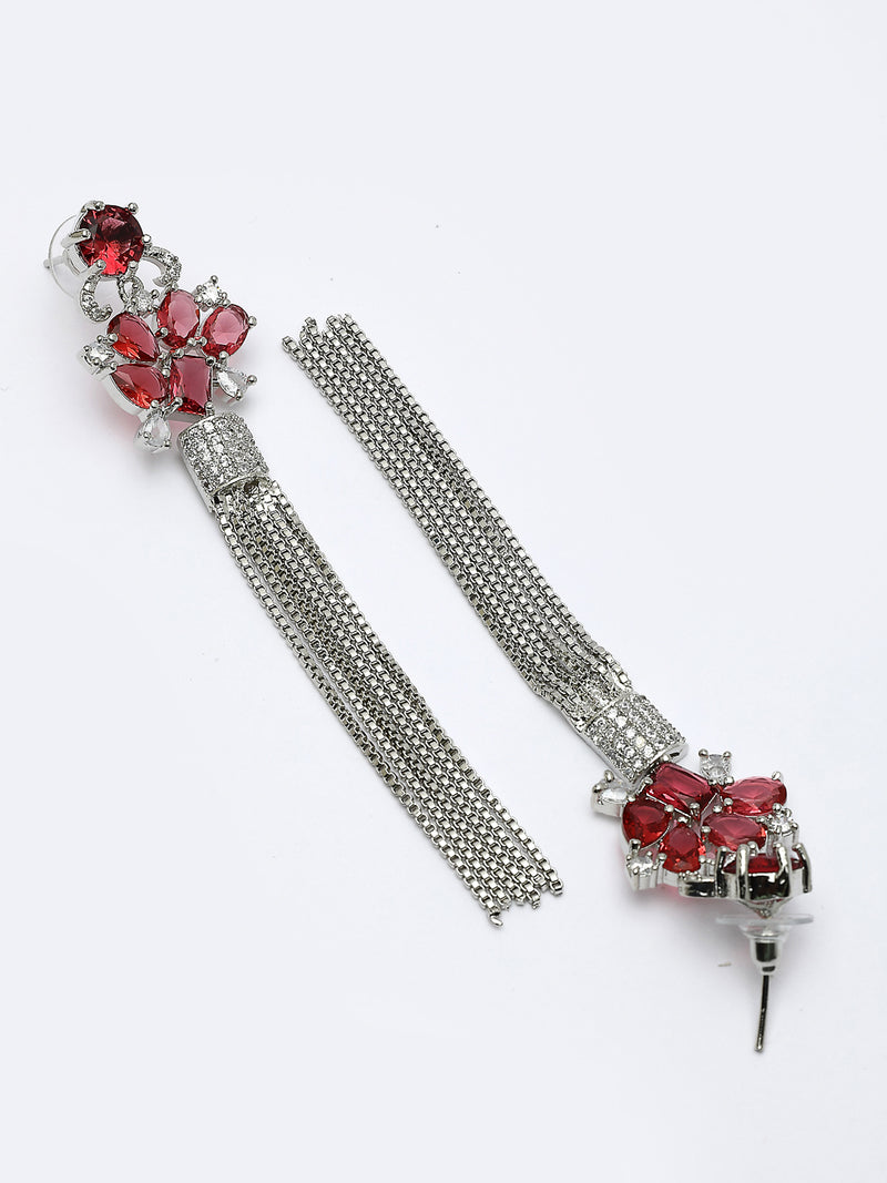 Rhodium Plated Silver Toned with Red American Diamond Dangler Earrings