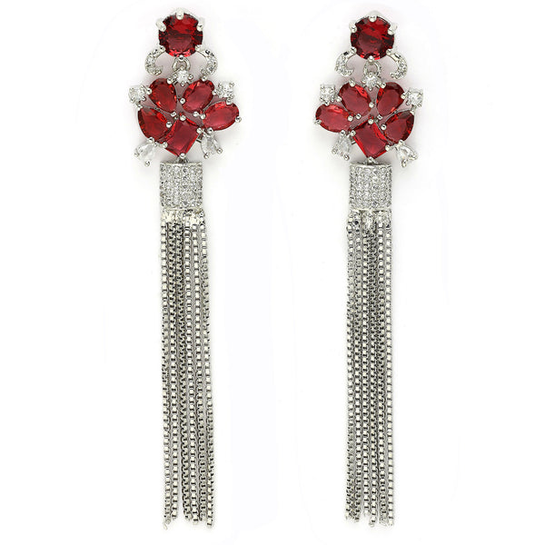 Rhodium Plated Silver Toned with Red American Diamond Dangler Earrings