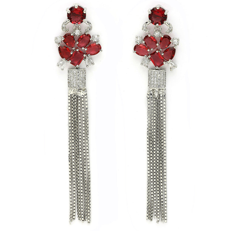 Rhodium Plated Silver Toned with Red American Diamond Dangler Earrings