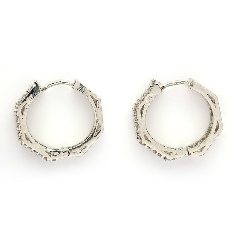 Rhodium Plated Silver Toned Geometric Shaped White American Diamond Studded Hoop Earrings