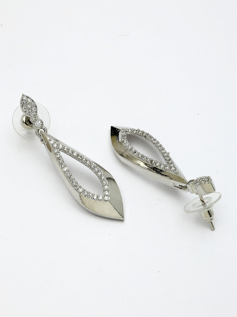 Rhodium Plated Silver Toned with Stylish American Diamond Small Drop Earrings