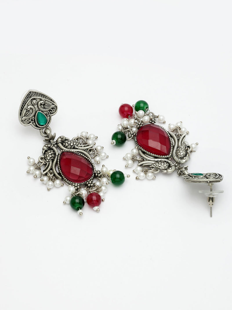 Oxidized Plated with Red & Green Cubic Zirconia Danglers Earrings