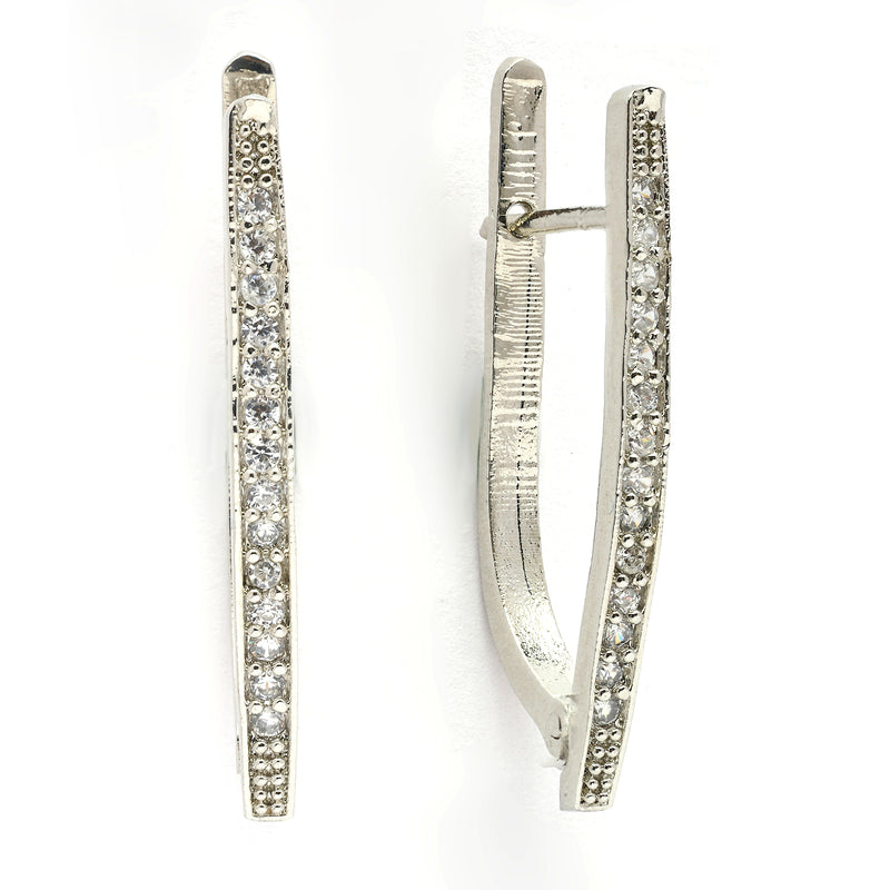Rhodium Plated Silver Toned Geometric Shaped White American Diamond Studded Hoop Earrings