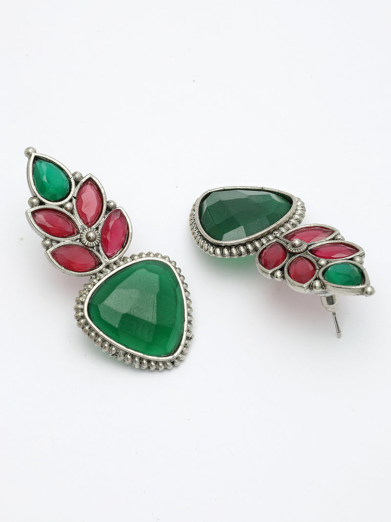 Oxidized Plated with Red & Green Cubic Zirconia Drop Earrings