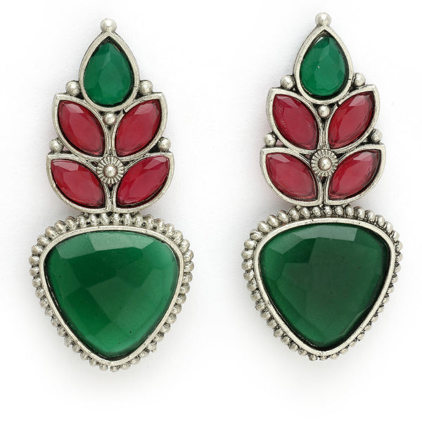 Oxidized Plated with Red & Green Cubic Zirconia Drop Earrings
