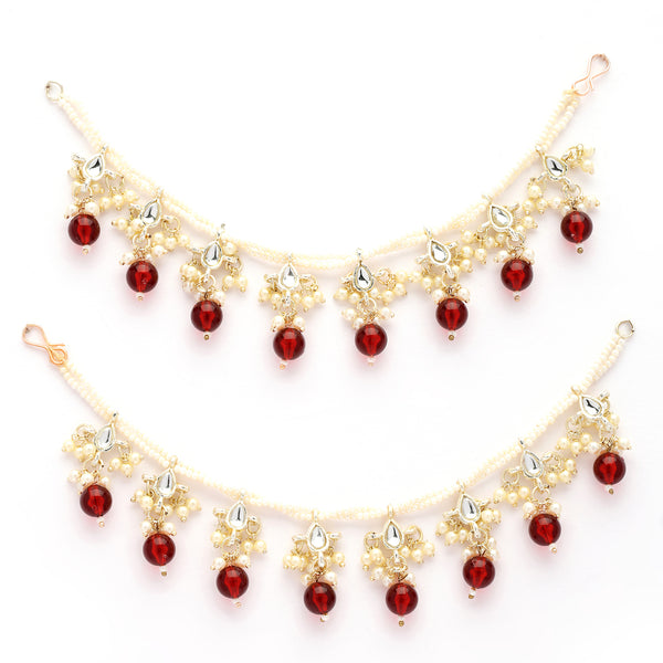 Traditional Gold Plated Kundan Studded Red And White Pearl Beaded Multilayer Ear Chain Earrings