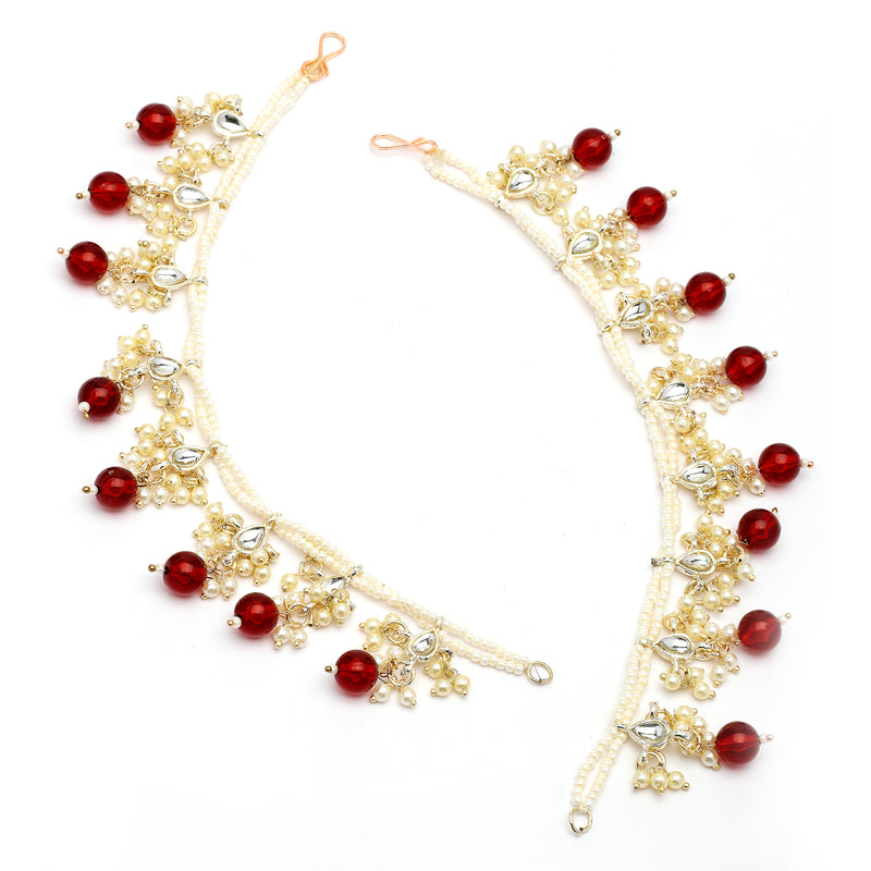 Traditional Gold Plated Kundan Studded Red And White Pearl Beaded Multilayer Ear Chain Earrings