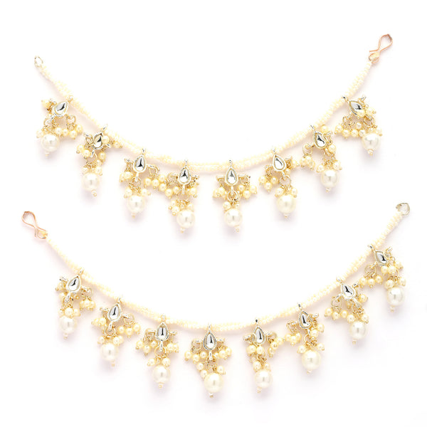 Traditional Gold Plated Kundan Studded White Pearl Beaded Multilayer Ear Chain Earrings