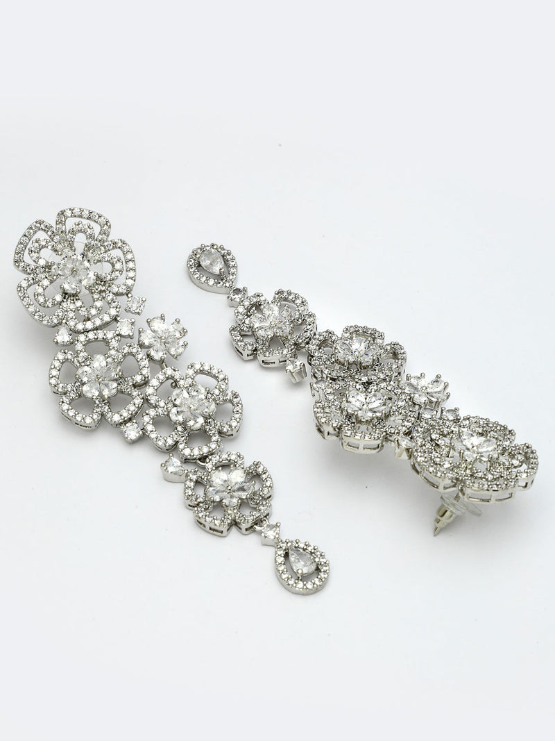 Rhodium Plated American Diamond Crystal Floral Dangler Earrings
