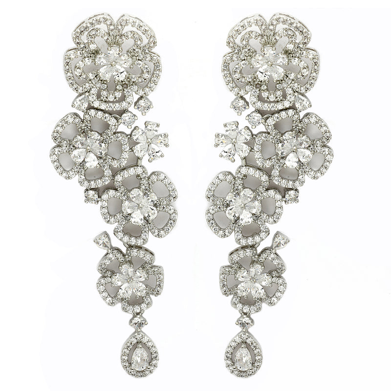 Rhodium Plated American Diamond Crystal Floral Dangler Earrings