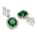 Rhodium Plated Cushion Cut Green American Diamond Contemporary Long Drop Earrings