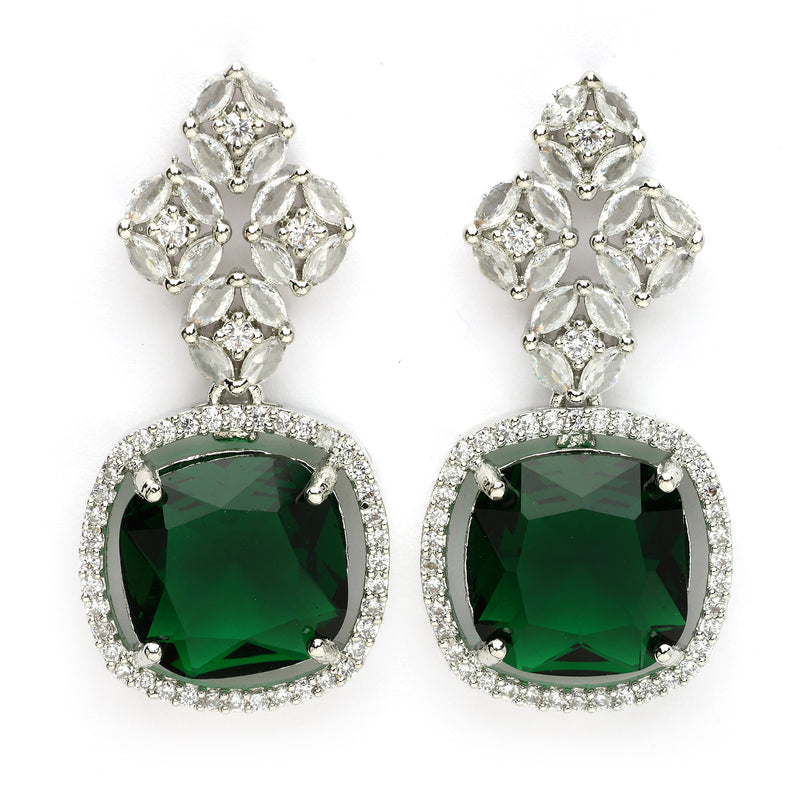 Rhodium Plated Silver Toned with Green American Diamond Small Drop Earrings