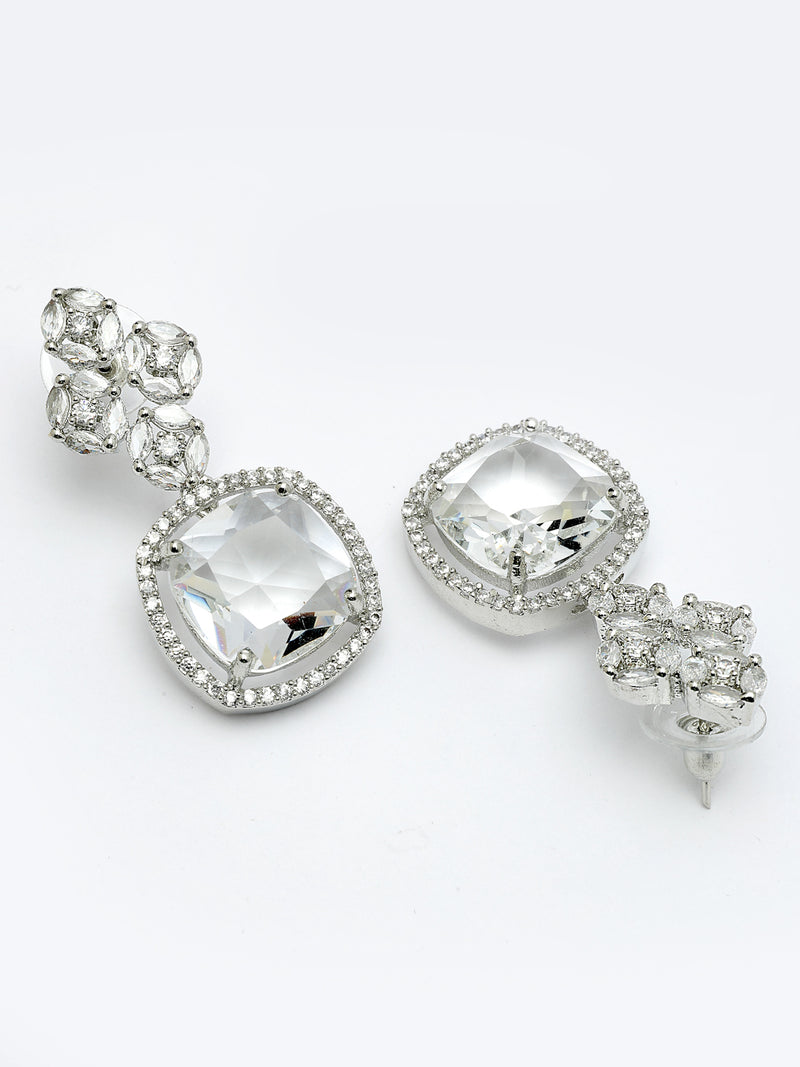 Rhodium Plated Silver Toned with White American Diamond Small Drop Earrings