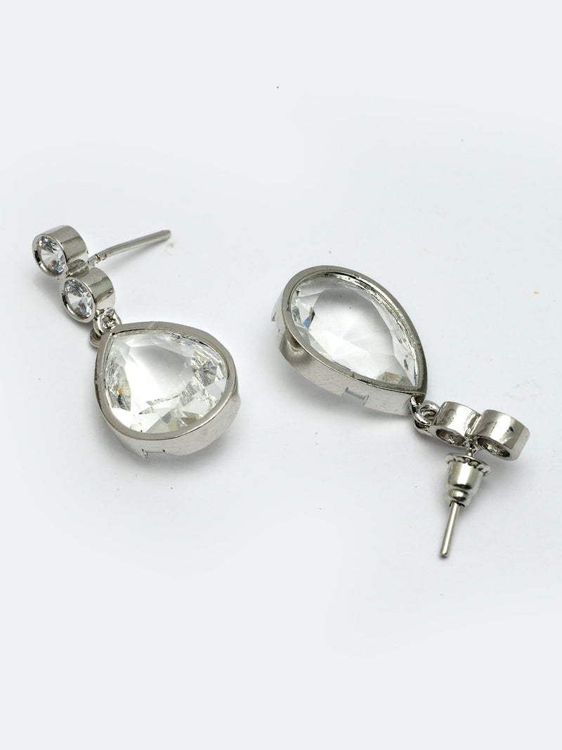 Rhodium Plated Silver Tone with White American Diamond Small Drop Earrings