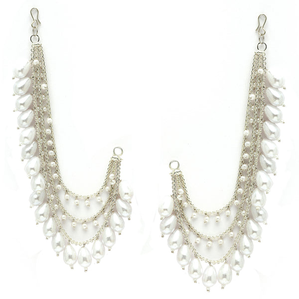 Rhodium Plated Silver Toned Pearl Ear Chain Attachment for Earrings