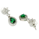 Rhodium Plated Starburst Green American Diamond Contemporary Drop Earrings