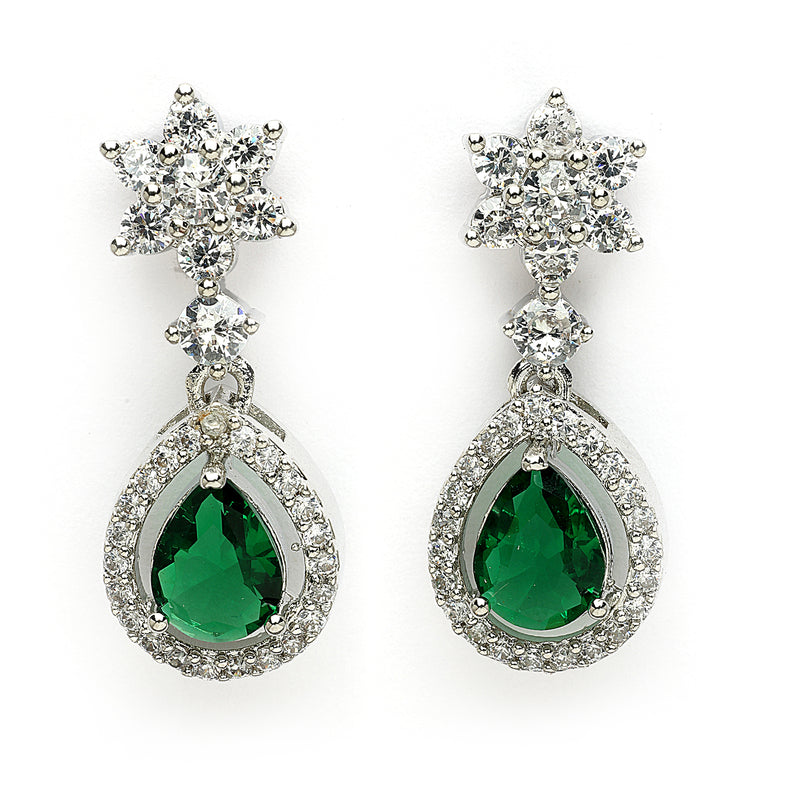 Rhodium Plated Silver Toned Green American Diamond Small Drop Earrings