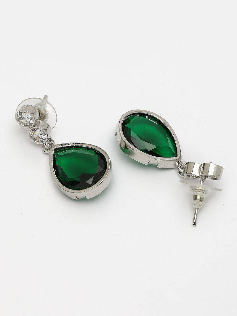 Rhodium Plated Silver Tone with Blue American Diamond Small Drop Earrings