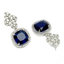 Rhodium Plated Cushion Cut Blue American Diamond Contemporary Long Drop Earrings