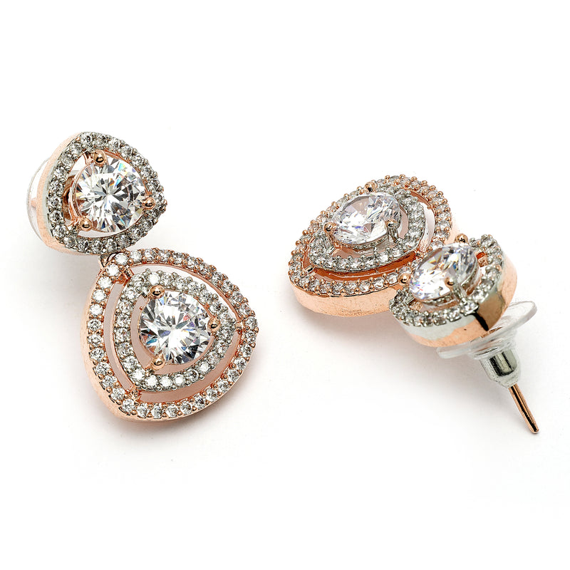 Rose Gold Plated Round American Diamond Studded Drop Earrings