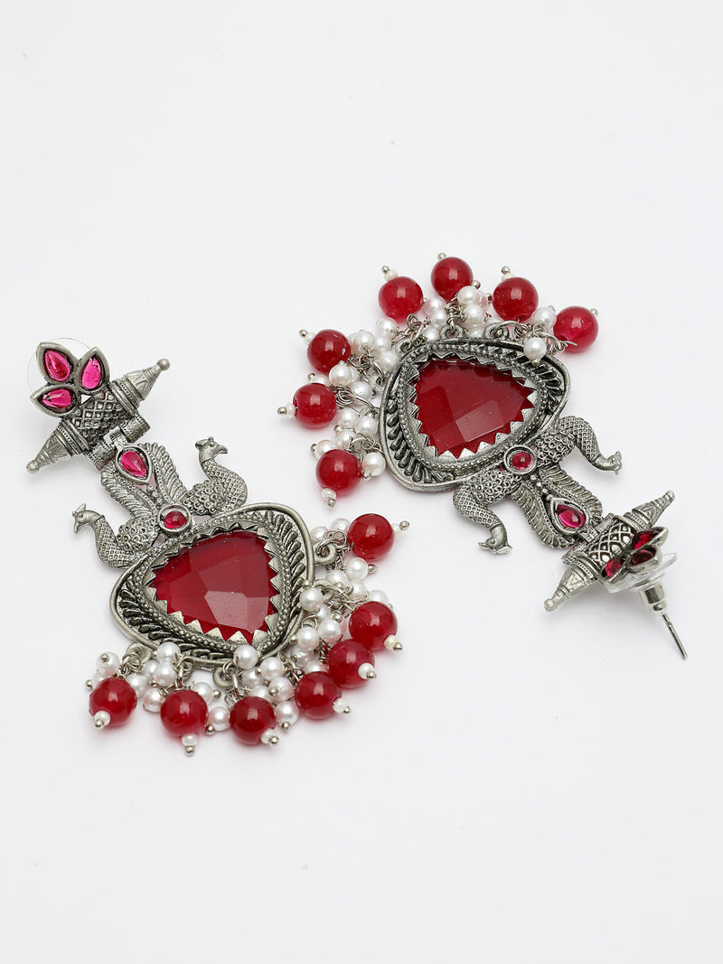 Oxidized Plated with Red & White Pearl Cubic Zirconia Danglers Earrings