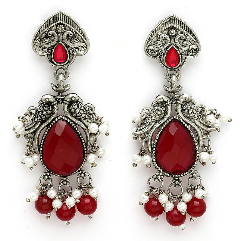 Oxidized Plated with Red Cubic Zirconia Danglers Earrings