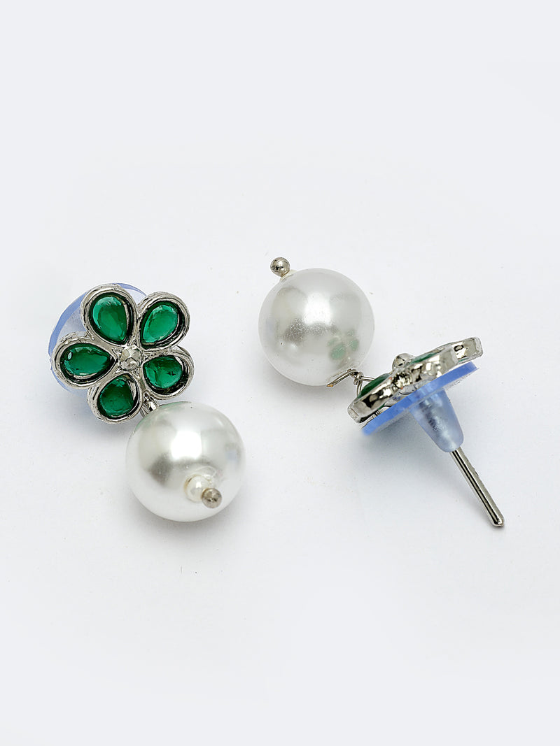 Rhodium Plate Silver Toned Green American Diamond with Pearl Stud Earrings