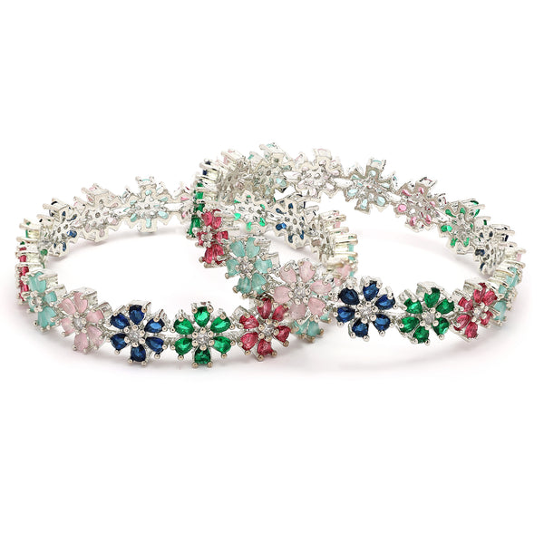 Rhodium Plated Silver Toned Floral Shaped Multicolor American Diamond Studded Bangles Set Of 2