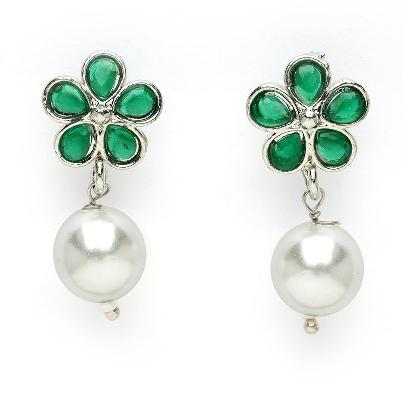 Rhodium Plate Silver Toned Green American Diamond with Pearl Stud Earrings