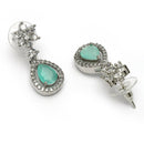 Rhodium Plated Starburst Sea Green American Diamond Contemporary Drop Earrings