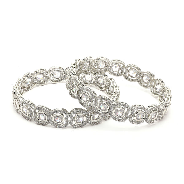 Rhodium Plated Silver Toned Bow Shaped White American Diamond Studded Bangles Set Of 2