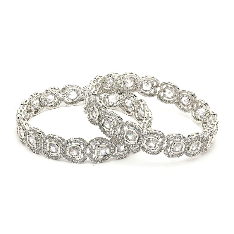 Rhodium Plated Silver Toned Bow Shaped White American Diamond Studded Bangles Set Of 2