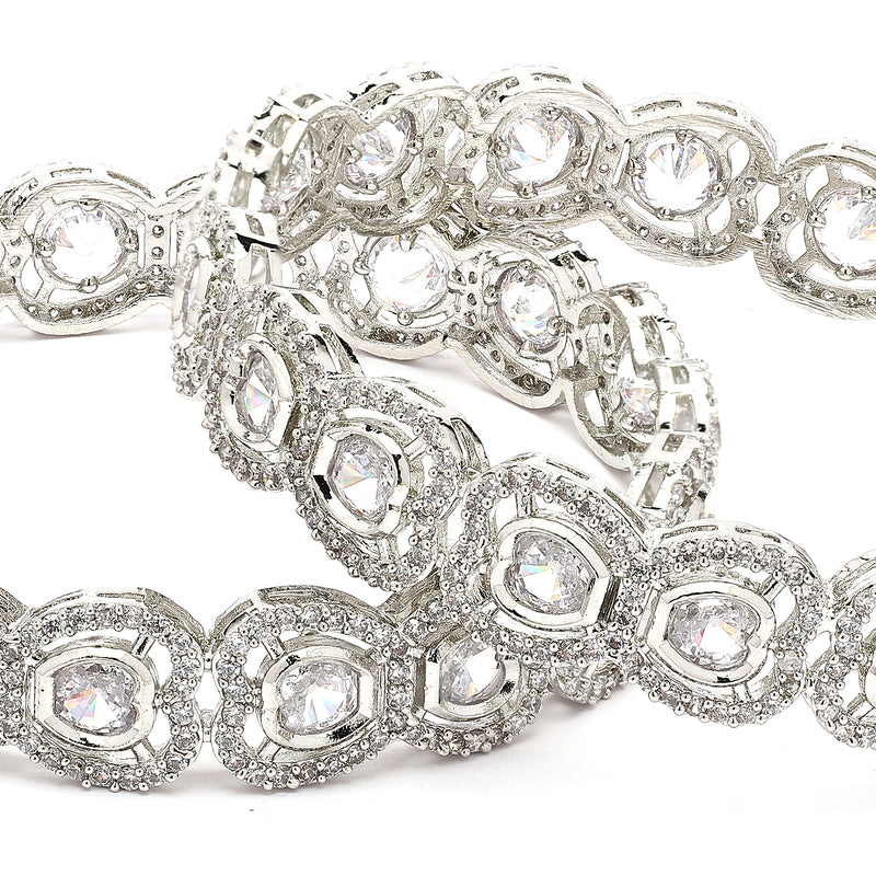 Rhodium Plated Silver Toned Bow Shaped White American Diamond Studded Bangles Set Of 2
